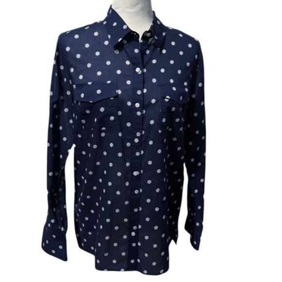 Talbots Navy with White Polka Dot Button Down Shirt - Picture 1 of 7
